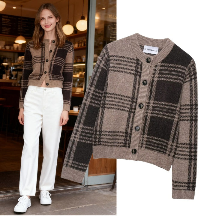 Ladies checkered cardigan with button placket and soft material Lune London