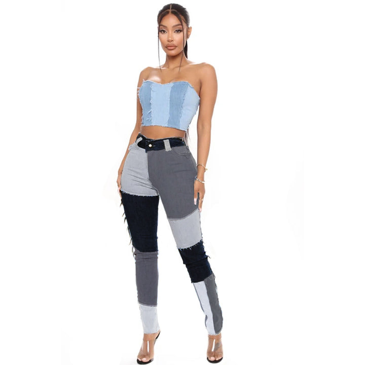 Women's jeans pants with trendy patchwork design, high waist and fitted cut Lune London