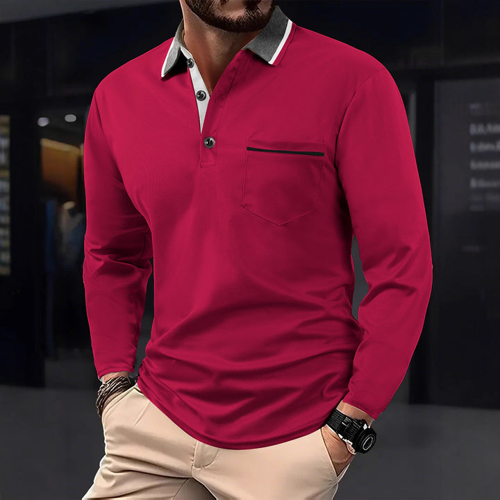 Men's long sleeve polo with textured collar and chest pocket Lune London