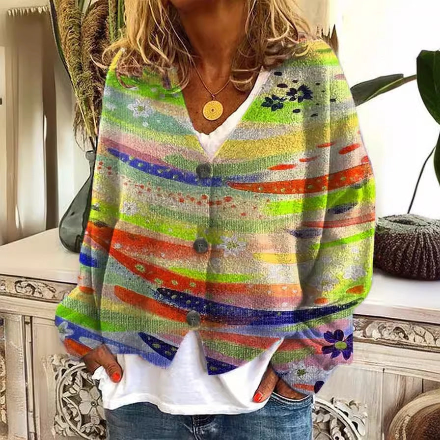 Cardigan tricoté décontracté pour femmes avec des rayures colorées et des détails de boutons Chic & Stil