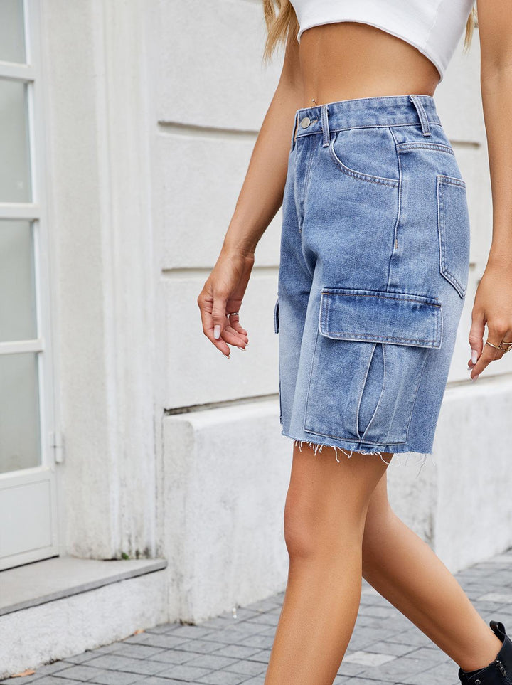 Women's cargo shorts with a modern cut, frayed hem, and practical pockets Lune London