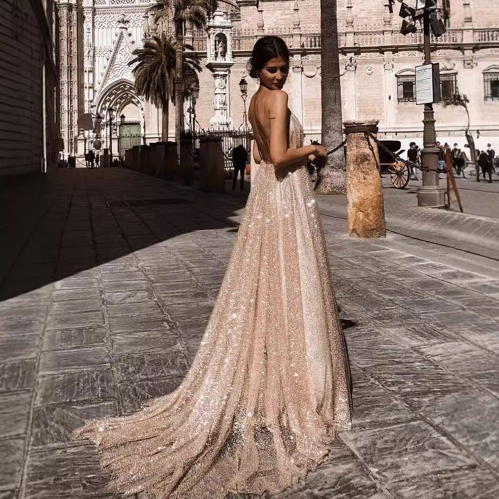 Ladies Glamorous Evening Dress with Deep V-Neck and Shining Sequins Lune London