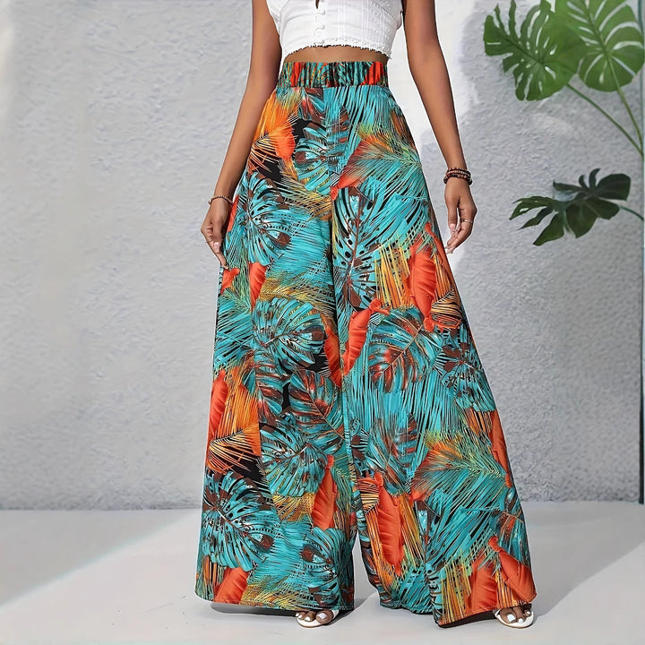 Palazzo Pants for Women with a Lively Palm Pattern and an Elastic High Waist Lune London