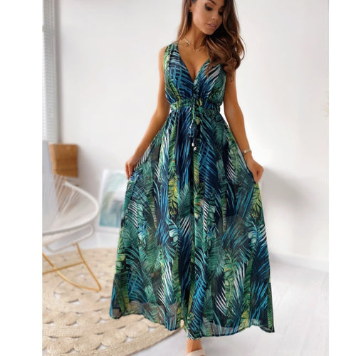 Tropical print maxi dress for women with adjustable fabric belt Lune London