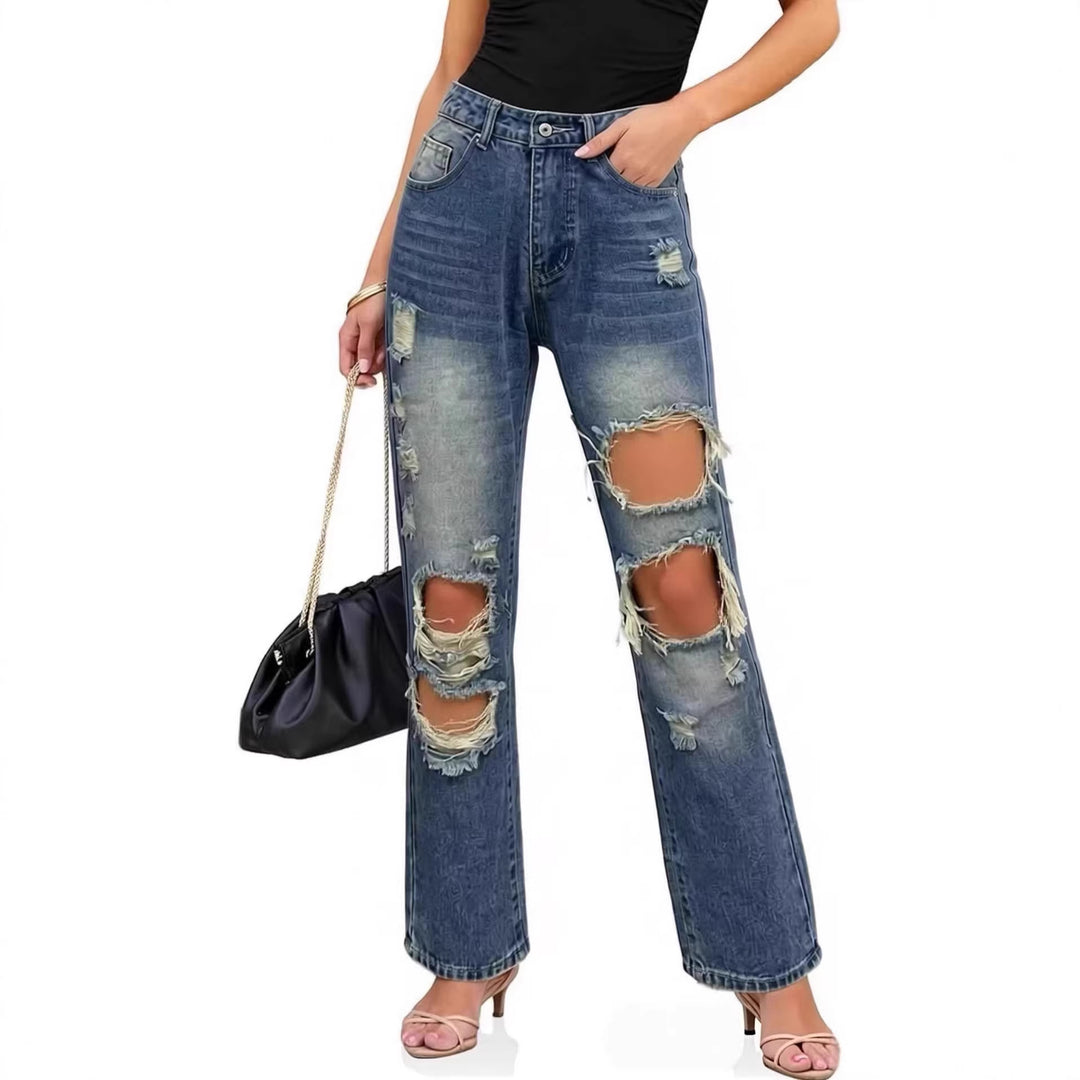 Womens casual destroyed jeans with wide leg and trendy ripped details Lune London