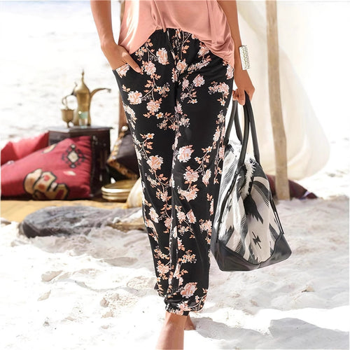 Women Relaxed Floral Pants with Elastic Waistband and Practical Side Pockets Lune London