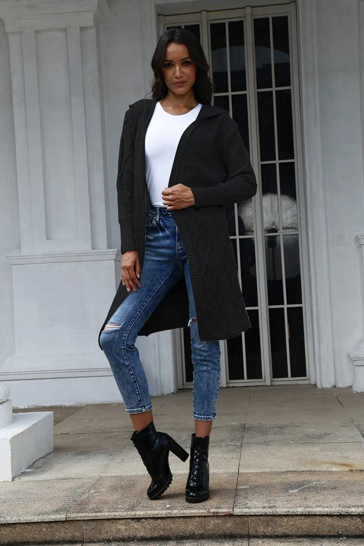 Knitted coat for women with hood and decorative braid design Lune London