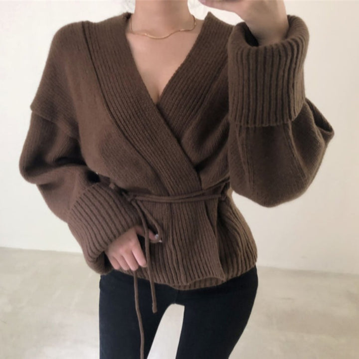 Women's Knit Tie Jacket with Belt and Stand Collar Lune London