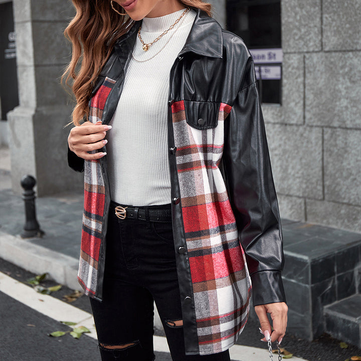 Oversized shirt for women with contrasting leather sleeves and a plaid pattern Lune London