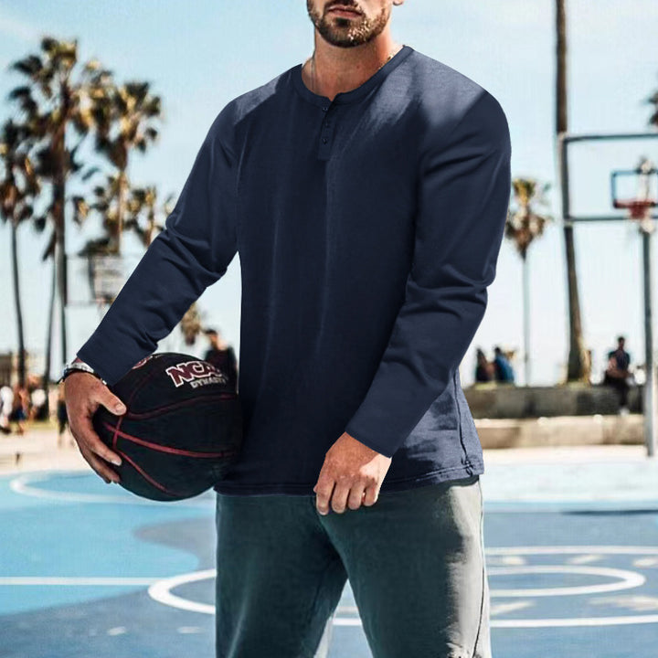 Men's long sleeve Henley shirt in textured fabric with practical button details Lune London