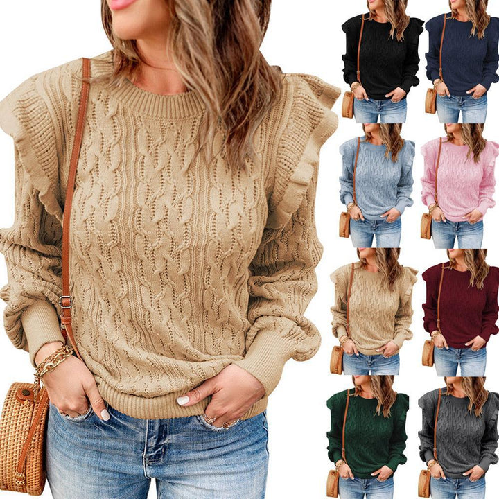 Women's loose knit sweater with ruffled columns and a trendy Lune London pattern
