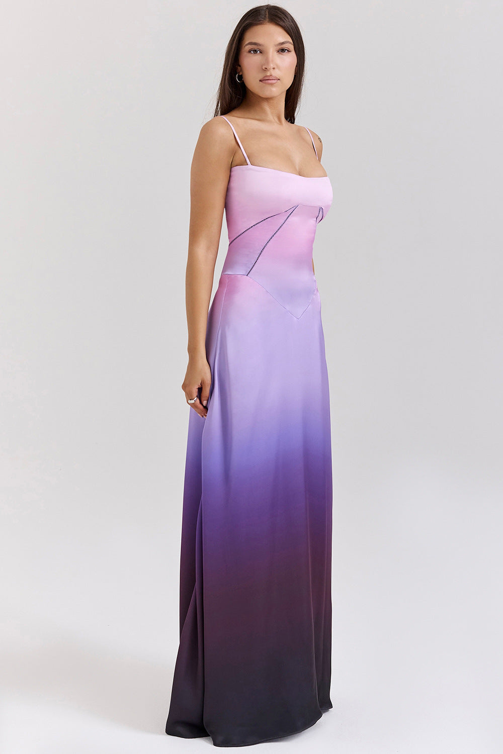 Women's Elegant Maxi Dress with Slim Spaghetti Straps and Flowing Satin Fall Lune London