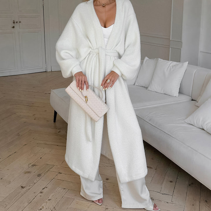 Soft knit coat for women with a tie belt and wide sleeves Lune London