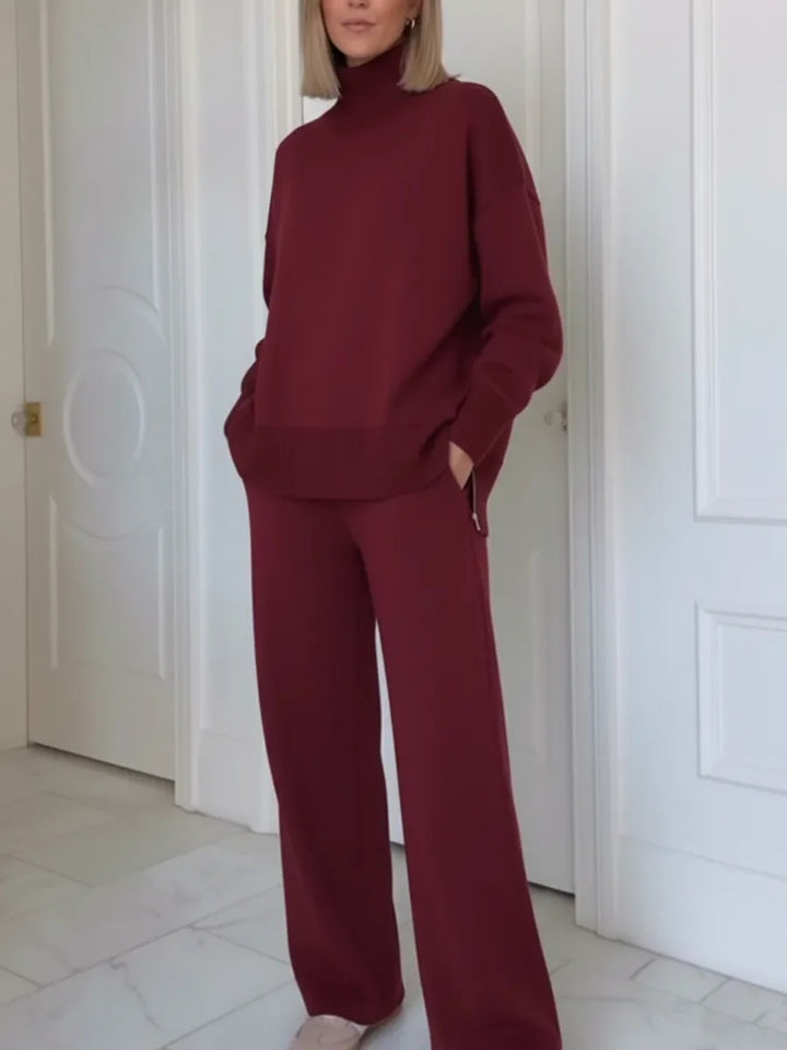 Ensemble de vêtements d'intérieur tricoté confortable pour femmes avec un sweat à col montant et un pantalon large Chic & Stil