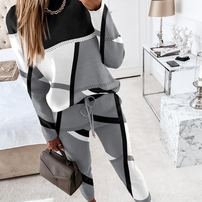 Ladies Stylish Leisure Set with Geometric Pattern and Chic Cut