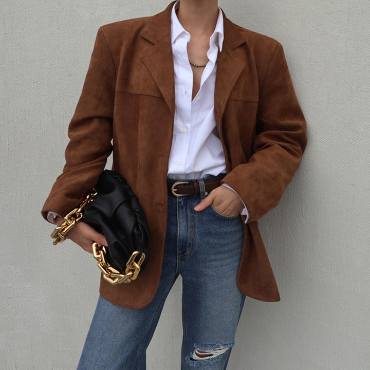 Oversized suede blazer for women with stylish stitching details Lune London