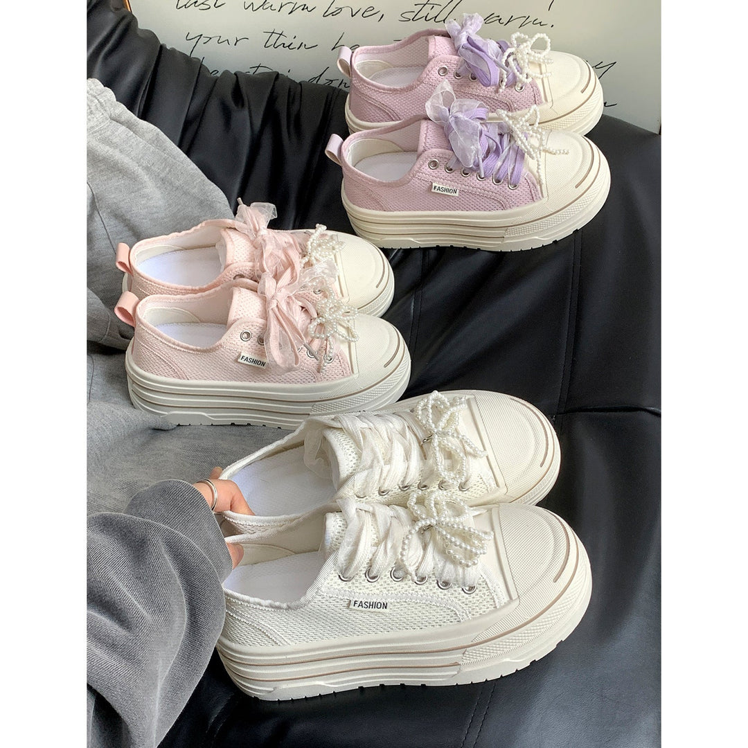 Ladies Platform Sneakers with Fashionable Mesh Upper Material and Trendy Pearl Details Lune London