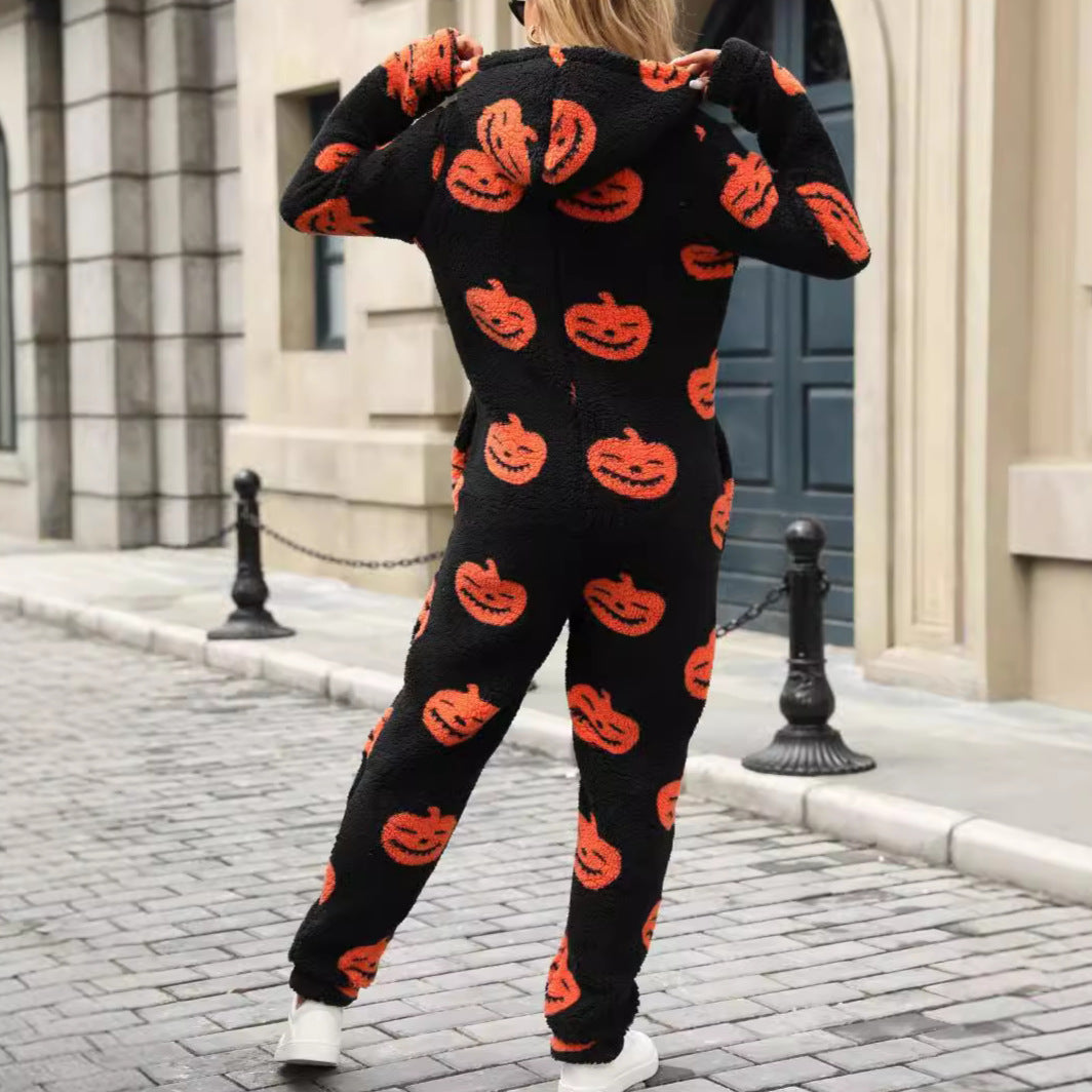 Ladies Comfortable Halloween Jumpsuit with Hood and Cute Fleece Lune London