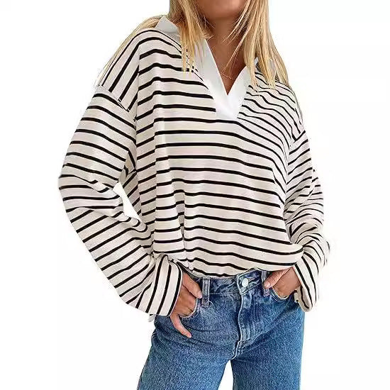 Casual striped summer sweater for women with V-neck and long sleeves Lune London