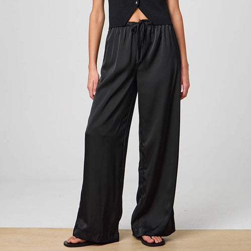 Elegant wide satin pants for women with high waist and tie belt Lune London