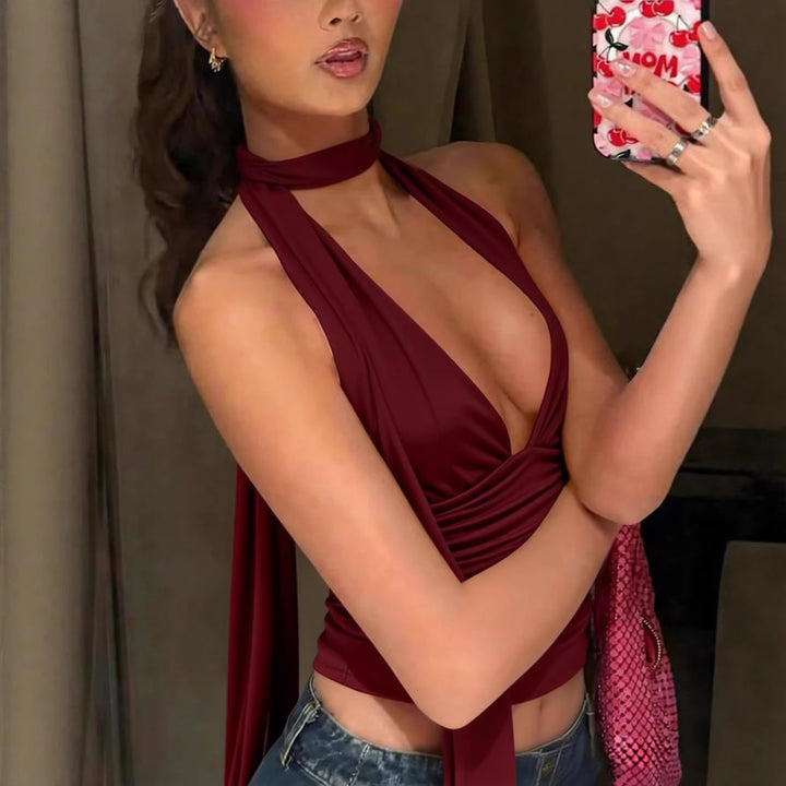 Women's halter top with deep neckline and gathering Lune London