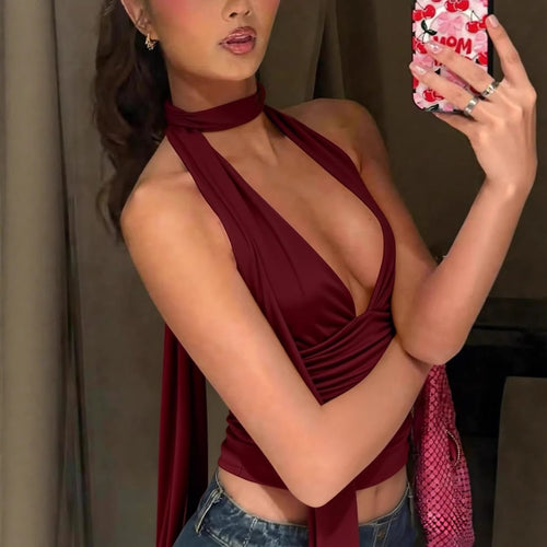 Women's halter top with deep neckline and gathering Lune London