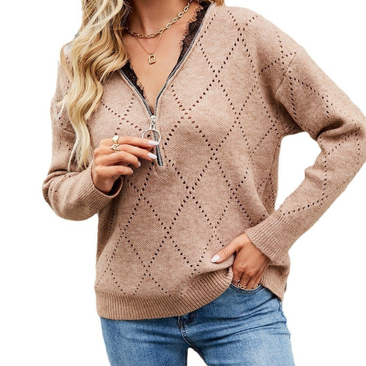 Knitted women’s sweater with V-neck and zipper Lune London