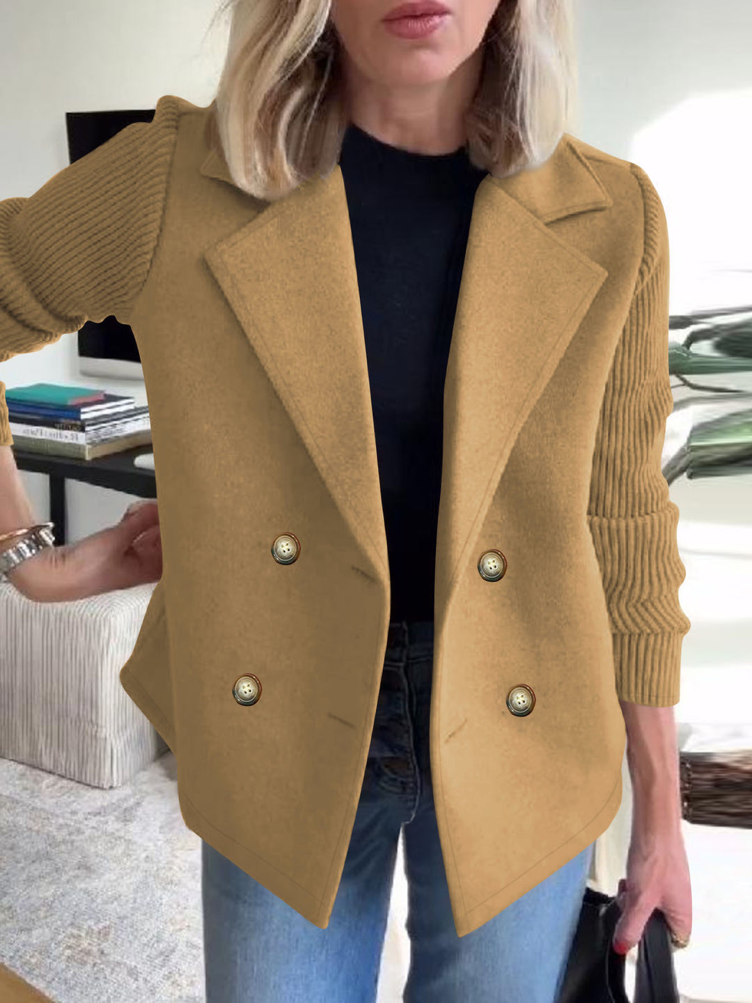Blazer oversize élégant pour femmes avec patte de boutonnage double et manches texturées Chic & Stil