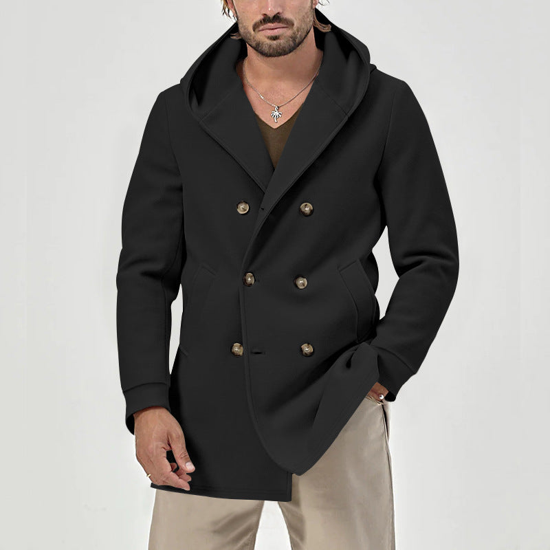 Elegant double-breasted coat for men with large hood Lune London