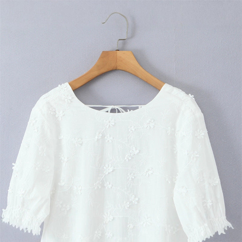 Airy blouse dress for women with floral embroidery and ruffled sleeves Lune London