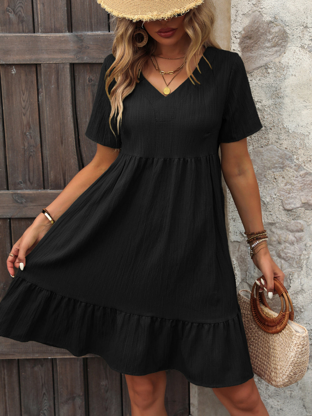 Lune London V neck airy summer dress for women with ruffled hem