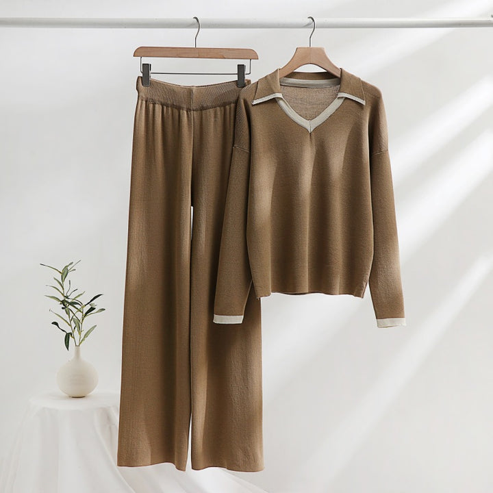 Comfortable knit lounge set for women with contrasting collar and wide leg Lune London