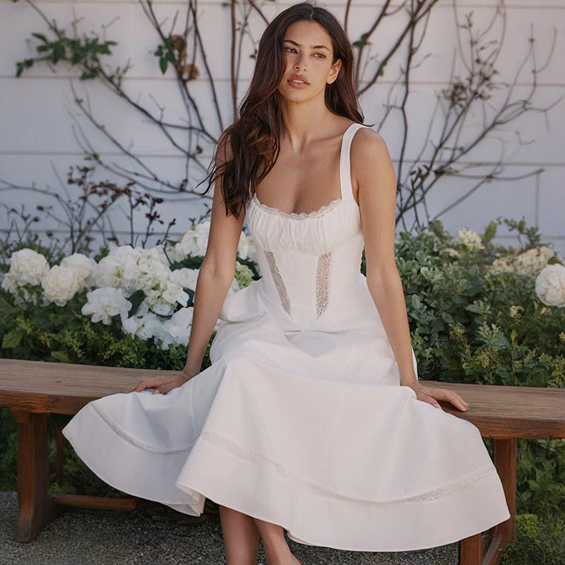 Ladies Midi dress with refined waist design and delicate ruffle