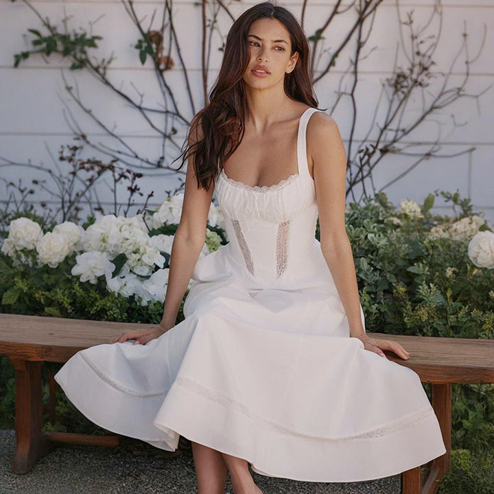 Ladies Midi dress with refined waist design and delicate ruffle