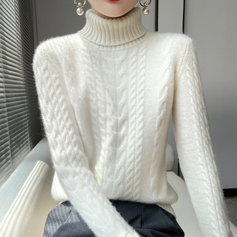 Chunky knit sweater for women with high collar and structured cable pattern Lune London