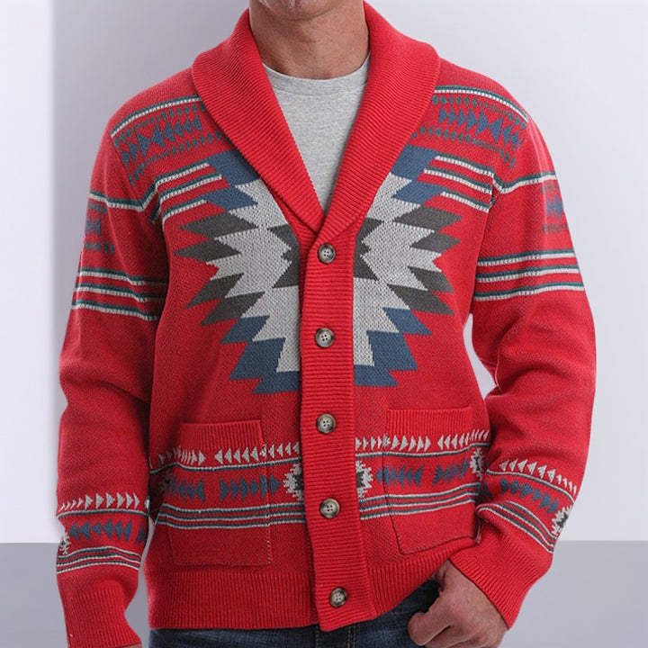 Men's knitted jacket with a modern geometric pattern and practical pockets Lune London