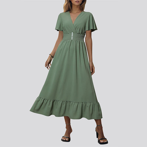 Fluid maxi dress for women with flutter sleeves and a button detail Lune London