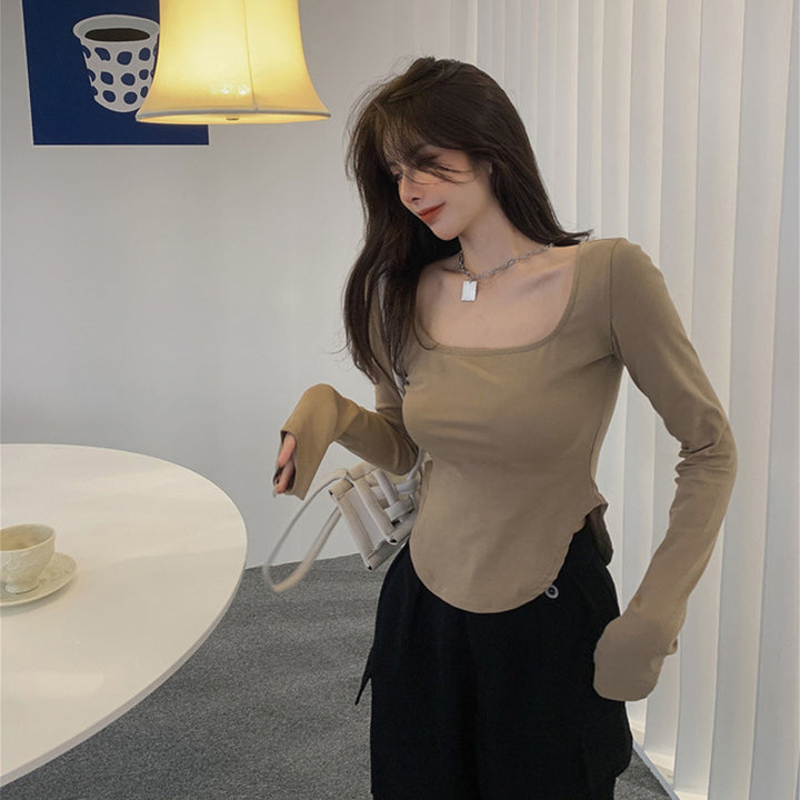 Women's Long Sleeve Top with Wide Round Neckline and Elastic Cuffs