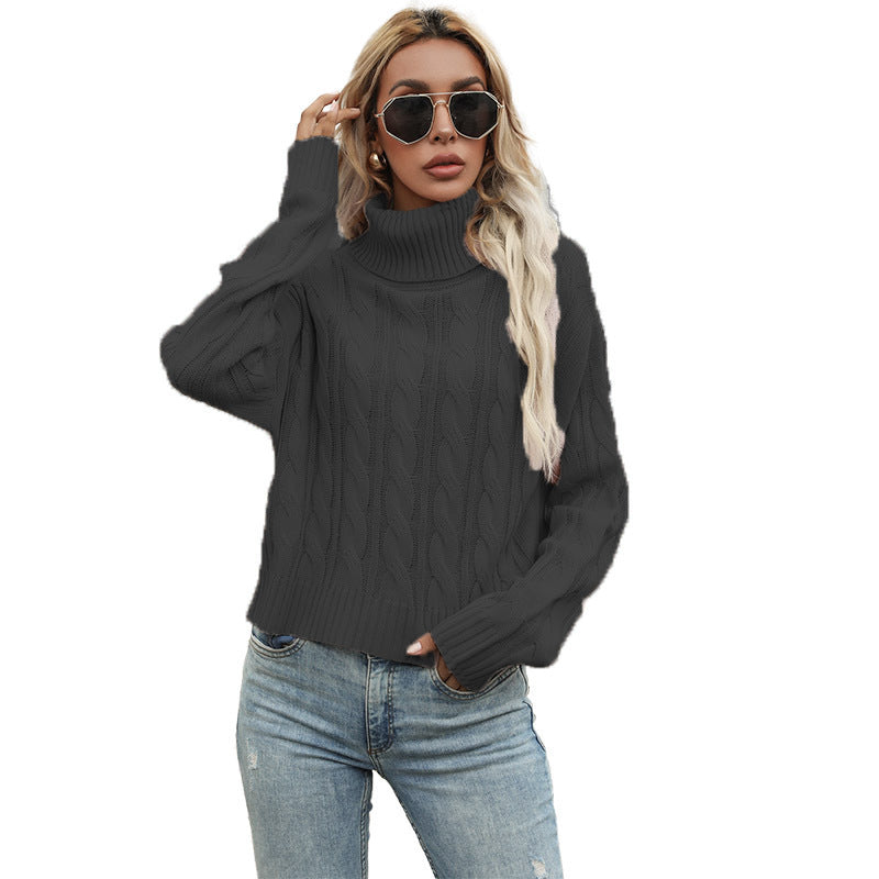 Knit sweater with high collar and cable knit pattern for women Lune London