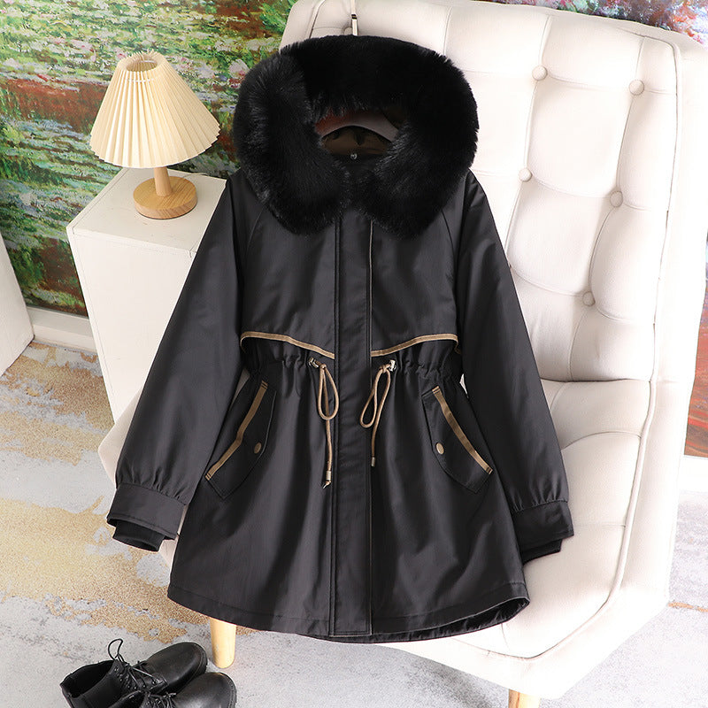 Lune London fashionable women's transition jacket with removable faux fur collar and drawstring waist