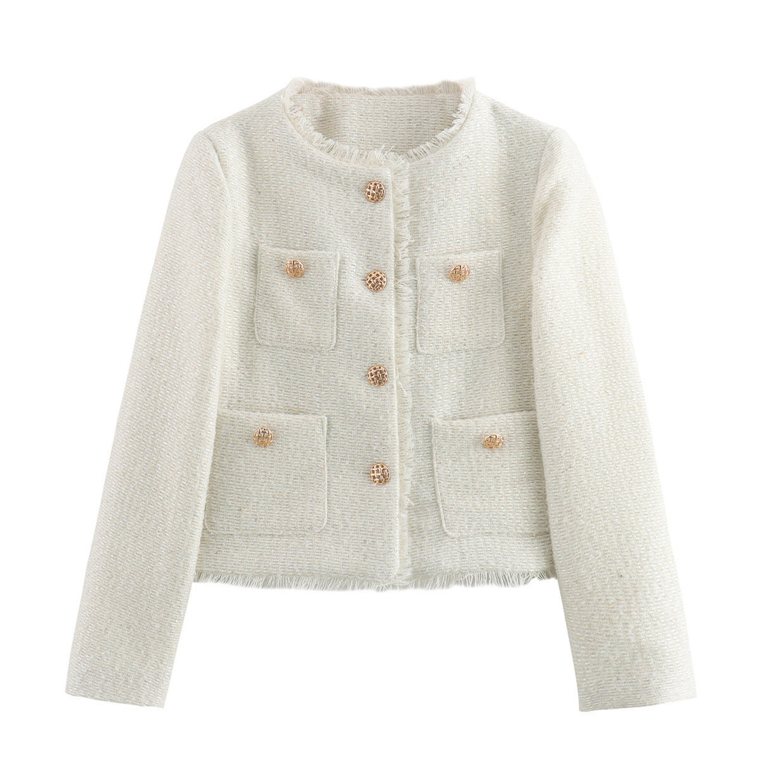 Elegant tweed jacket for women with fringes and decorative buttons Lune London