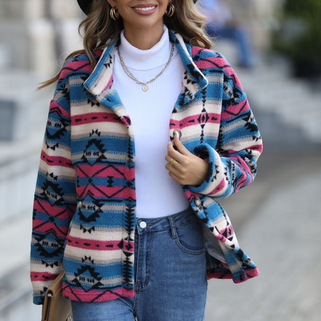 Women's polar jacket in boho style with unique geometric pattern and large buttons Lune London