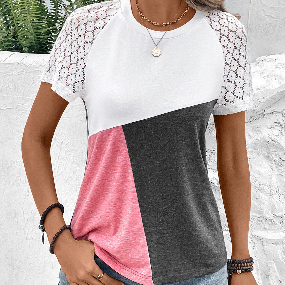Trendy women's T-shirt with lace sleeves and chic color block design