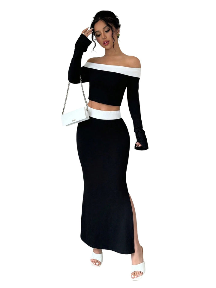 Chic & Stil Women's Off-Shoulder Crop Top and Maxi Skirt Set
