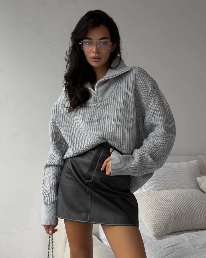 Oversized knit sweater for women with high collar and zipper Lune London
