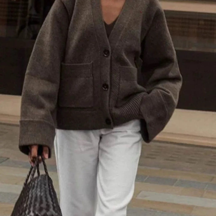 Knitted jacket for women with deep V-neck and practical pockets Lune London