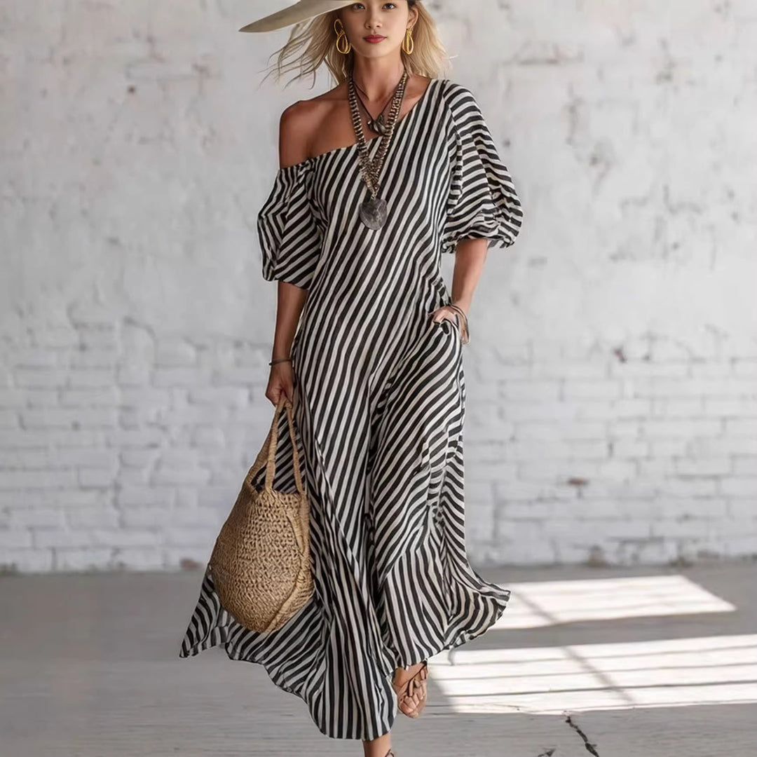 Women's maxi dress with asymmetric cut and striking stripes Lune London