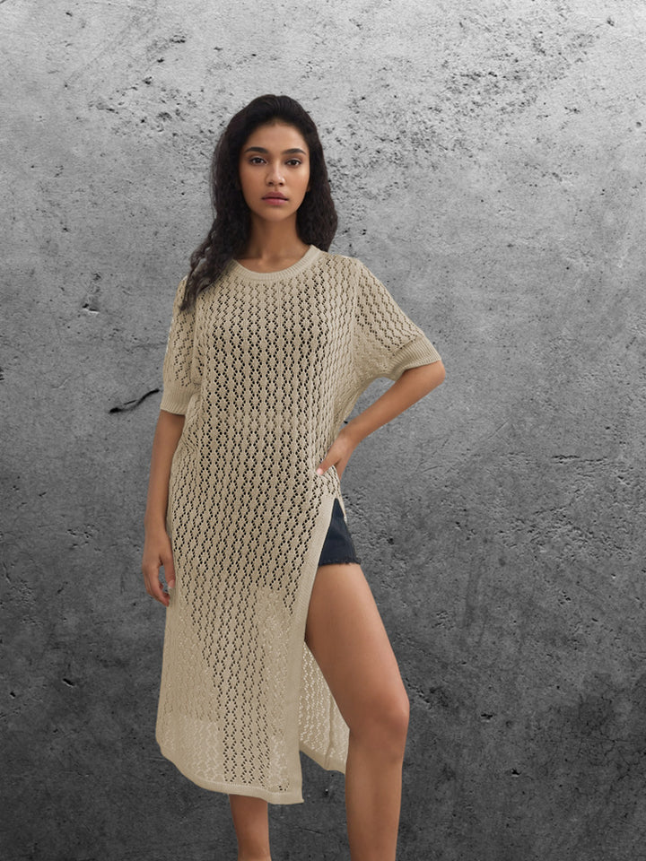 Ladies long knitted kimono with open design and breathable mesh structure Chic and Style