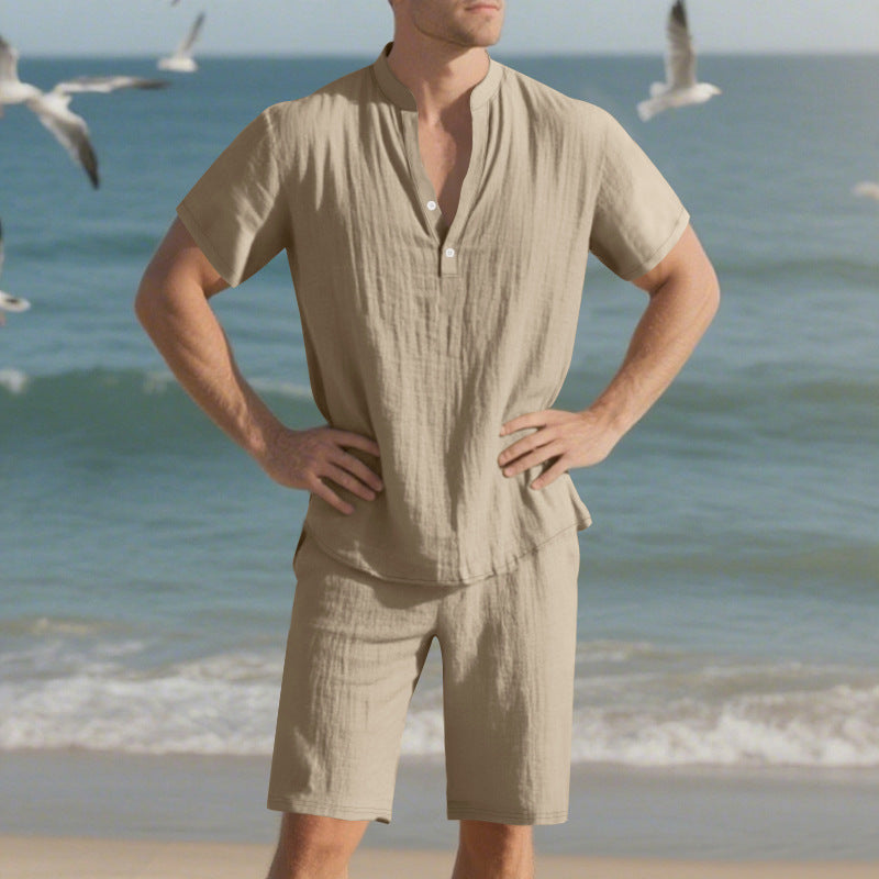 Elegant men's short sleeve set with innovative button placket and comfortable pants Lune London