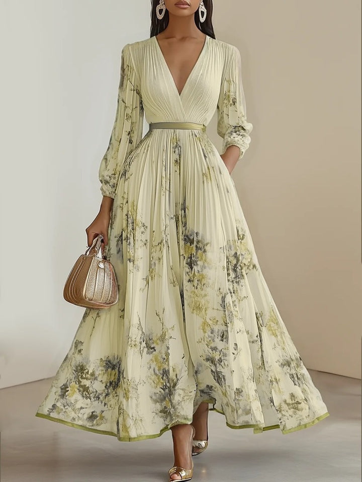 Women Magnificent Maxi Dress with Deep V-Neck and Floral Design Lune London